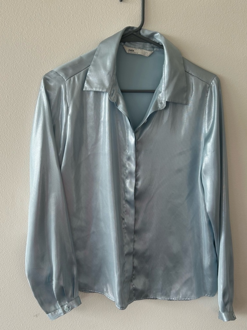 Zara Shiny Metallic Blue Satin Blouse